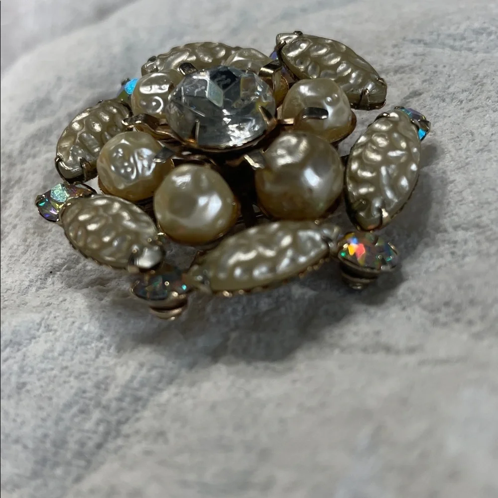 Vintage faux pearl and AB and Crystal Brooch